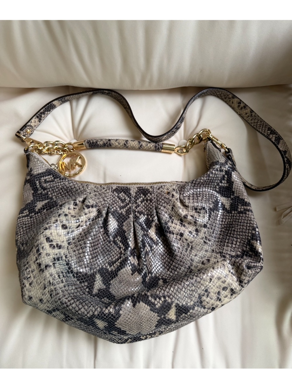 Michael Kors Snake-Print Shoulder Bag in Gray and Cream with Gold Chain
